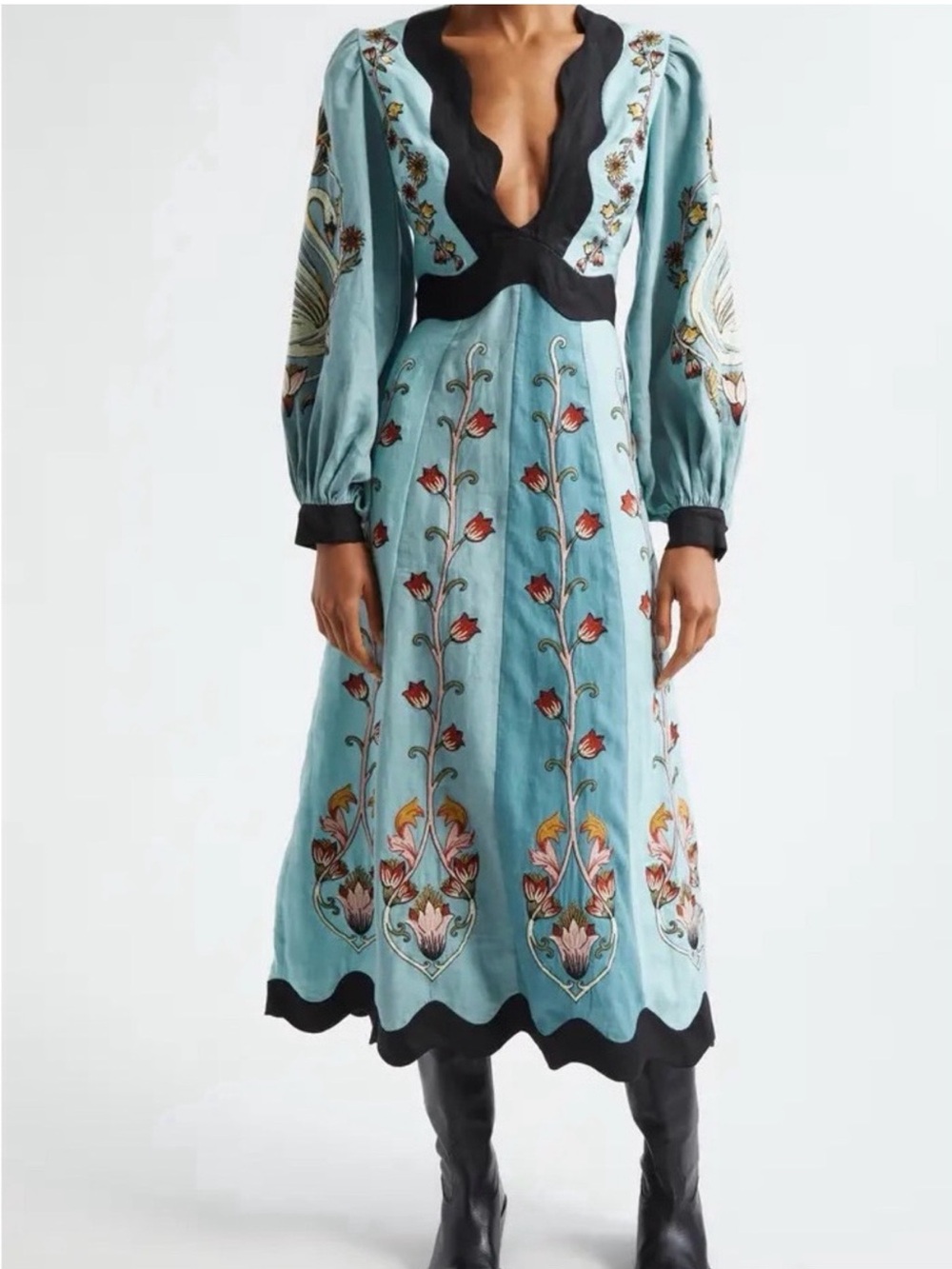 FARM Rio Blue Flowing Beauty Embroidered Long Sleeve Midi Dress